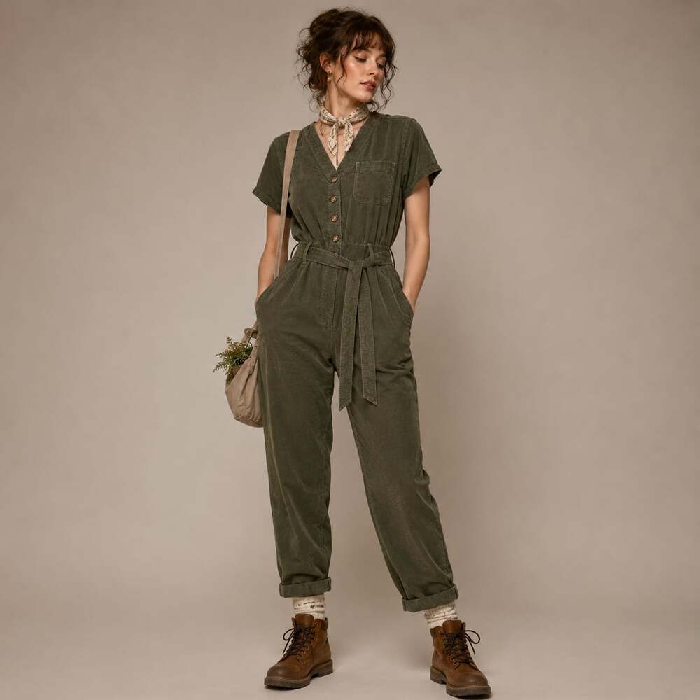 Abercrombie Safari Utility Jumpsuit Earthy Olive Green Corduroy Cottagecore